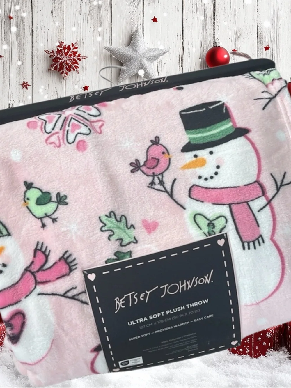 🆕🎄💋BETSEY JOHNSON💋OVERSIZED ULTRA SOFT PLUSH SNOWMAN ⛄️ THROW /BLANKET